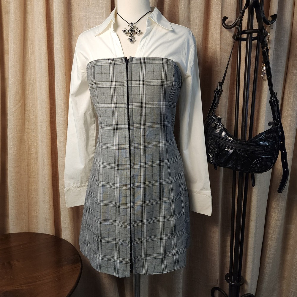 Dynamite Tube Hook & Eye Mini Dress XL Grey Plaid Strapless Bodycon NWT